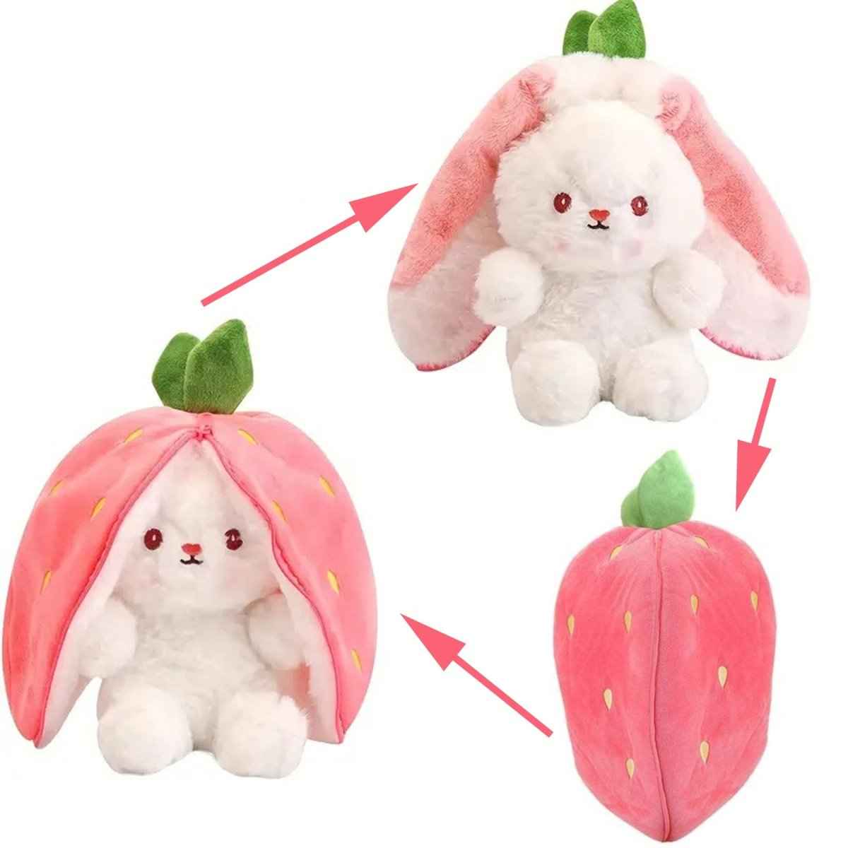 Reversible Strawberry Bunny Plush Toy Soft Polyester Stuffed Animal for Kids Hide and Seek Transforming Toy