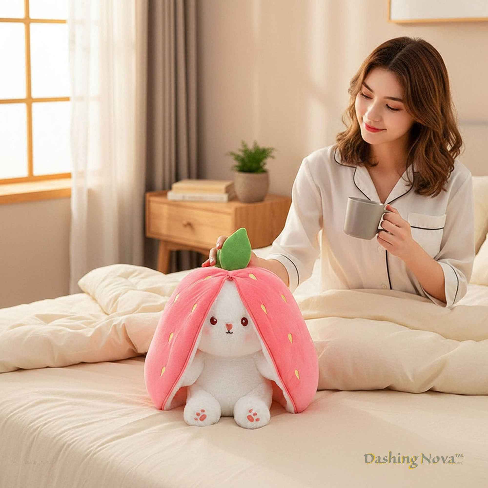 Reversible Strawberry Bunny Plush Toy Soft Polyester Stuffed Animal for Kids Hide and Seek Transforming Toy